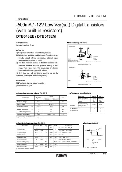 ROHM DTB543EE / DTB543EM Transistor Datasheet - cover page