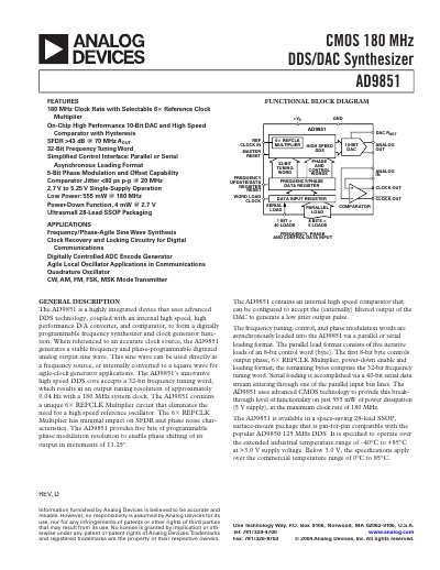 Analog Devices AD9851 CMOS 180 MHz DDS/DAC Synthesizer Datasheet