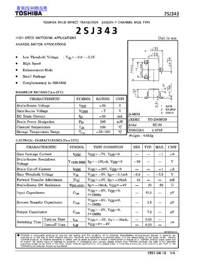 TOSHIBA 2SJ343 Field Effect Transistor Datasheet - cover page