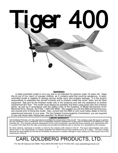 Carl Goldberg Products Tiger 400 ARF Assembly Manual - cover page
