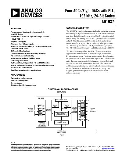 Analog Devices AD1937 Audio Codec Datasheet