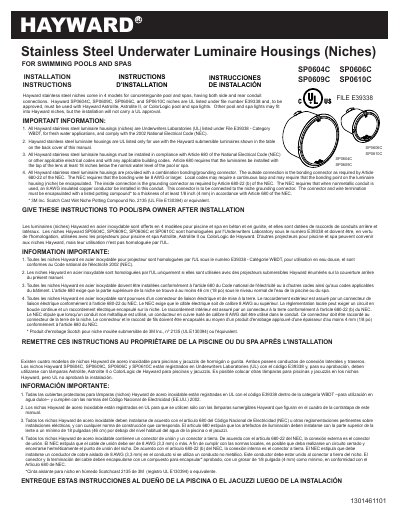Hayward SP0604C Stainless Steel Niche Installation Instructions - cover page