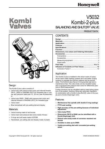 Honeywell Kombi-2-plus (V5032) Balancing and Shutoff Valve Manual - cover page