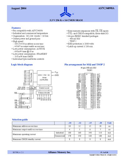 Alliance Memory AS7C34098A Datasheet - cover page