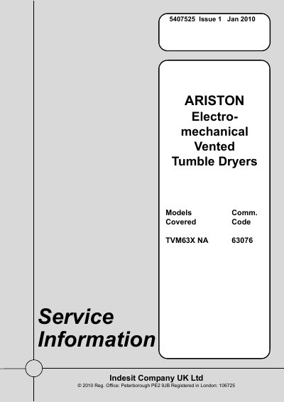 Indesit TVM63X NA Electro-mechanical Vented Tumble Dryer Service Manual - cover page