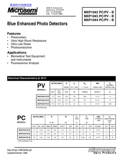 Microsemi MXP1042 PC/PV - B MXP1043 PC/PV - B MXP1044 PC/PV - B Data Sheet - cover page