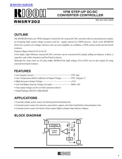 Ricoh RN5RY202 VFM Step-Up DC/DC Converter Controller Datasheet - cover page