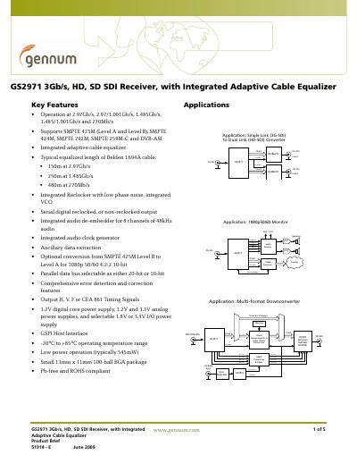 Gennum GS2971 3Gb/s HD/SD/SDI Receiver Product Brief - cover page