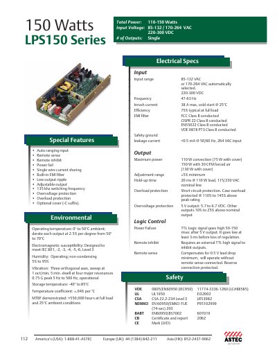 ASTEC LPS150 Series Power Supply Specification Sheet - cover page
