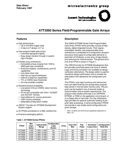 Lucent ATT3000 Series FPGA Data Sheet - cover page