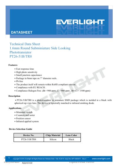 Everlight PT26-51B/TR8 1.6mm Round Subminiature Side Looking Phototransistor Technical Data Sheet