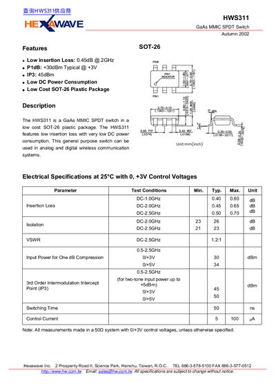 Hexawave HWS311 GaAs MMIC SPDT Switch Datasheet - cover page