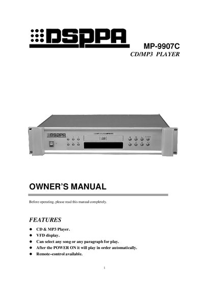DSPPA MP-9907C CD/MP3 Player Owner's Manual