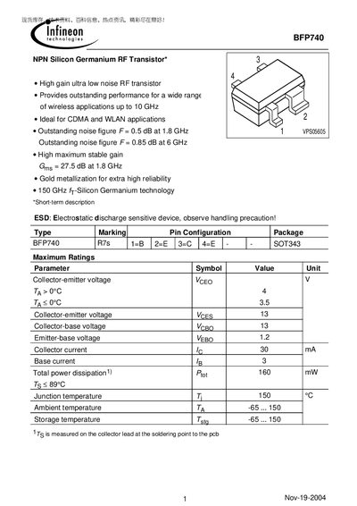 Infineon BFP740 RF Transistor Datasheet - cover page