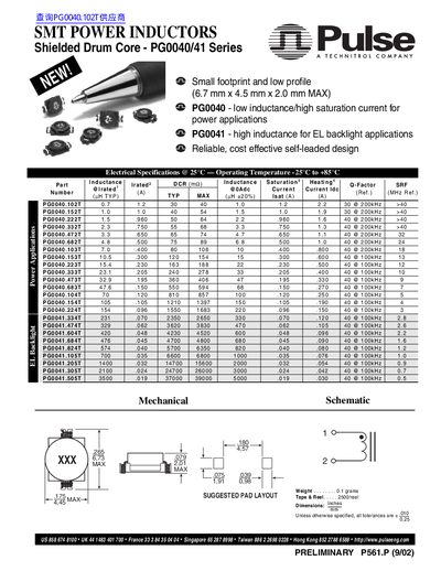 Pulse PG0040/41 Series SMT Power Inductors Datasheet - cover page