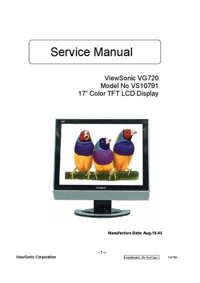 ViewSonic VG720Model No VS10791 17 Color TFT LCD Display Manual - cover page