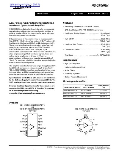 Intersil HS-2700RH Radiation Hardened Operational Amplifier Datasheet - cover page
