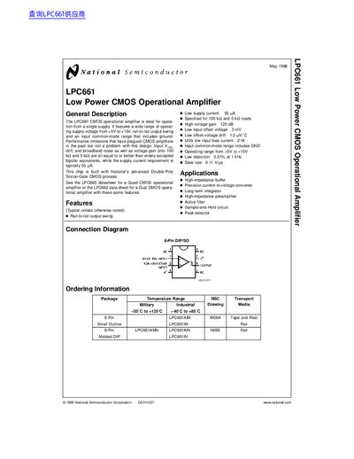National Semiconductor LPC661 Low Power CMOS Operational Amplifier Datasheet - cover page