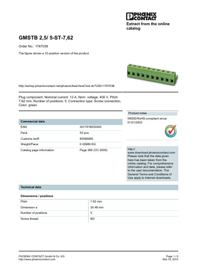 Phoenix Contact GMSTB 2,5/5-ST-7,62 Plug Component Handbook - cover page