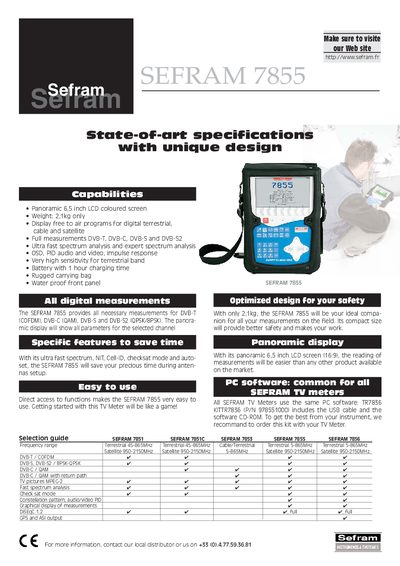 SEFRAM 7855 Panoramic TV Meter Specifications - cover page