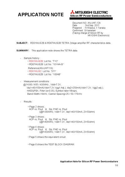 Mitsubishi Electric RD01MUS2B / RD07MUS2B TETRA 2‑stage Amplifier RF Characteristics Data Application Note - cover page