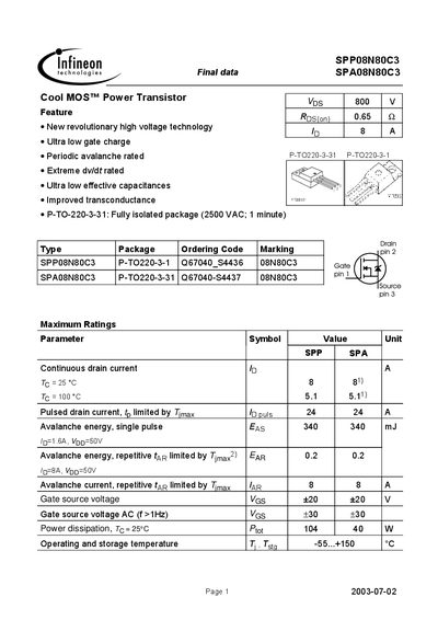 INFINEON SPP08N80C3 SPA08N80C3 Manual - cover page