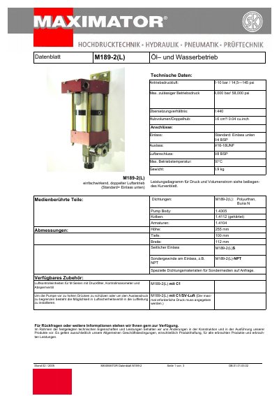 Maximator M189-2(L) Pneumatic Pump Datasheet - cover page