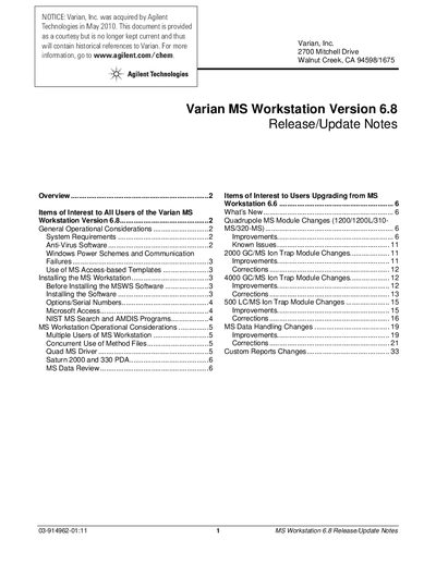 Agilent MS Workstation Version 6.8 Release/Update Notes - cover page
