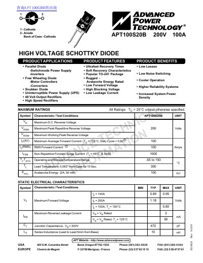 Advanced Power Technology APT100S20B High Voltage Schottky Diode Datasheet - cover page
