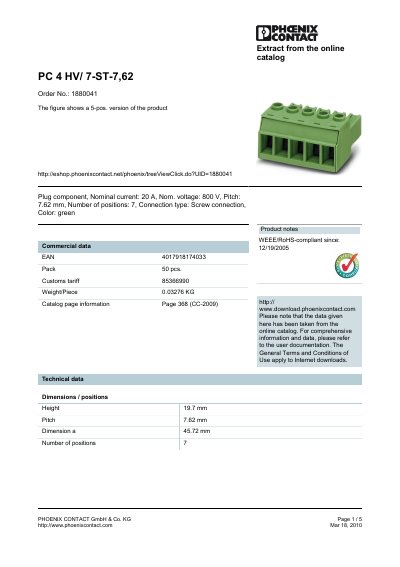Phoenix Contact PC 4 HV/7-ST-7,62 Product Data Sheet - cover page