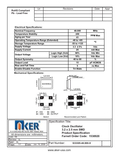 AKER Clock Oscillator 3.2 x 2.5 mm SMD Product Speci cation TR Farnell Order Code: 1538920 - cover page