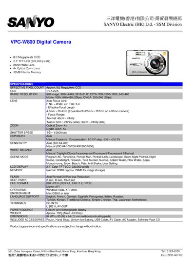 Sanyo VPC-W800 Digital Camera User Manual - cover page