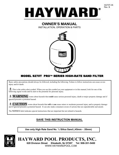 Hayward S270T Pro Series High-Rate Sand Filter Owner's Manual - cover page