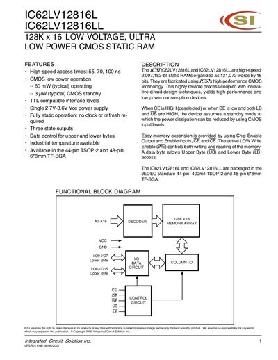 Integrated Circuit Solution IC62LV12816L/LL Static RAM Datasheet - cover page