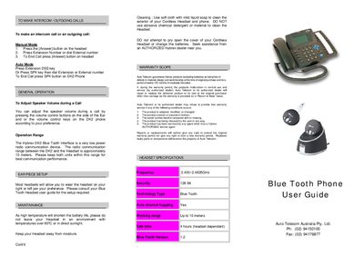 Auto Telecom Hybrex DK2 Bluetooth Phone User Manual - cover page