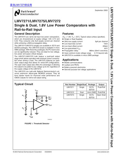 National semiconductor LMV7271/LMV7275/LMV7272 Single Dual 1.8V Low Power Comparators with Rail-to-Rail Input handbook - cover page