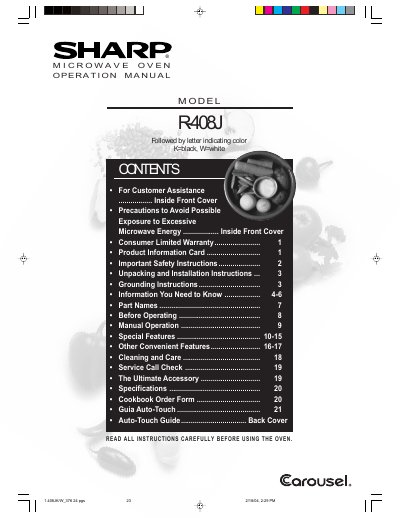 Sharp R-408J Microwave Oven Operation Manual - cover page