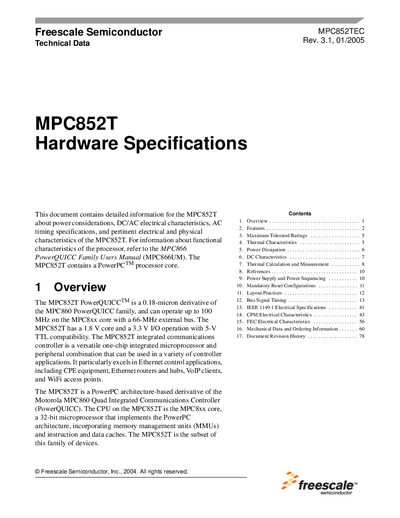 Freescale MPC852T Hardware Specifications Datasheet - cover page
