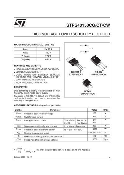 STMICROELECTRONICS STPS40150CG/CT/CW handbook - cover page
