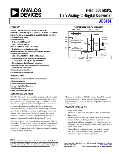 Analog Devices AD9484 Analog-to-Digital Converter Datasheet - cover page