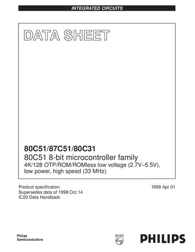 Philips 80C51/87C51/80C31 8-bit Microcontroller Datasheet - cover page