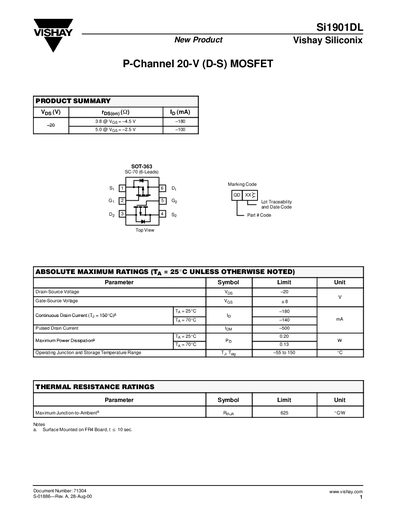Vishay Siliconix Si1901DL P-Channel MOSFET Datasheet - cover page