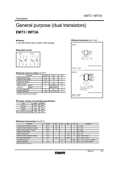 ROHM EMT3/IMT3A Transistor Datasheet - cover page