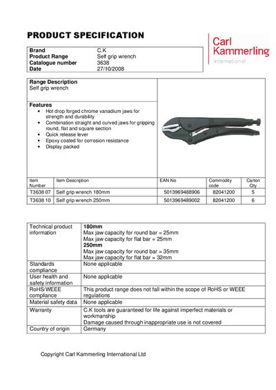CK TOOLS PRODUCT SPECIFICATION Brand C.K Product Range Self grip wrench Catalogue number 3638 Date 27/10/2008  - cover page