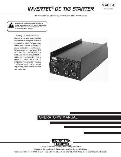 Lincoln Electric IM465-B DC TIG Starter Operator's Manual - cover page