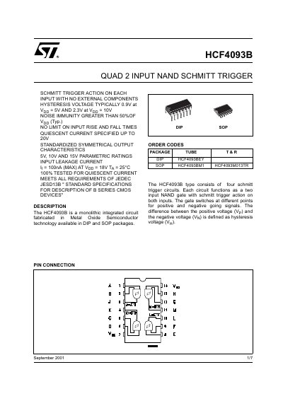 STMicroelectronics HCF4093B Schmitt Trigger NAND Gate Datasheet - cover page