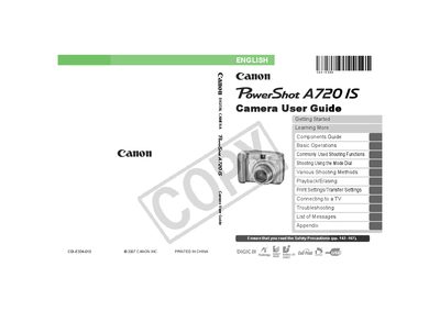 Canon PowerShot A720 IS Camera User Guide - cover page