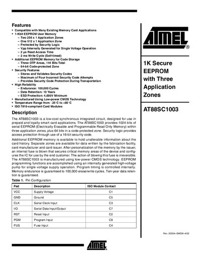 Atmel AT88SC1003 Smart Card IC Datasheet - cover page