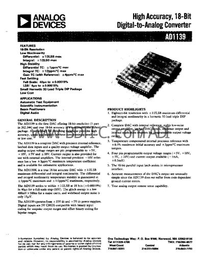 Analog Devices AD1139 18‑Bit DAC Datasheet - cover page