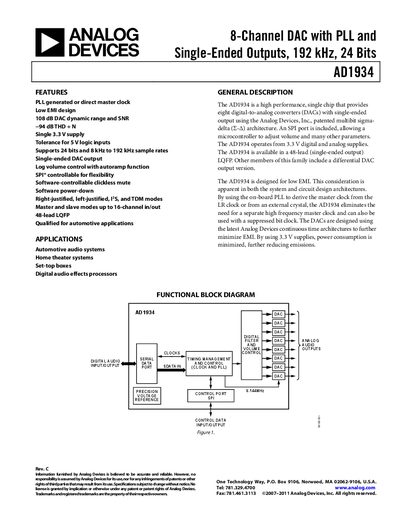ANALOG DEVICES AD1934 8-Channel DAC with PLL Single-Ended Outputs 192 kHz 24 Bits English products handbook Rev C - cover page